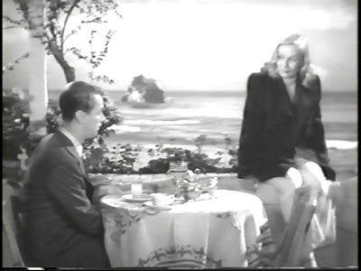 A man at a table and a woman beside him on a seaside terrace in The Blue Dahlia.